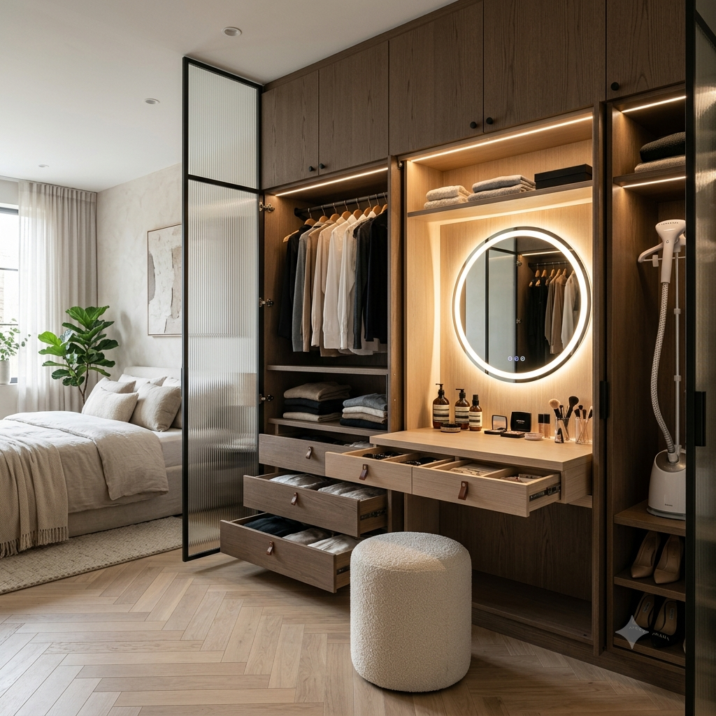 Floor to ceiling smart wardrobe with pull out vanity, a full wall of concealed dressing space
